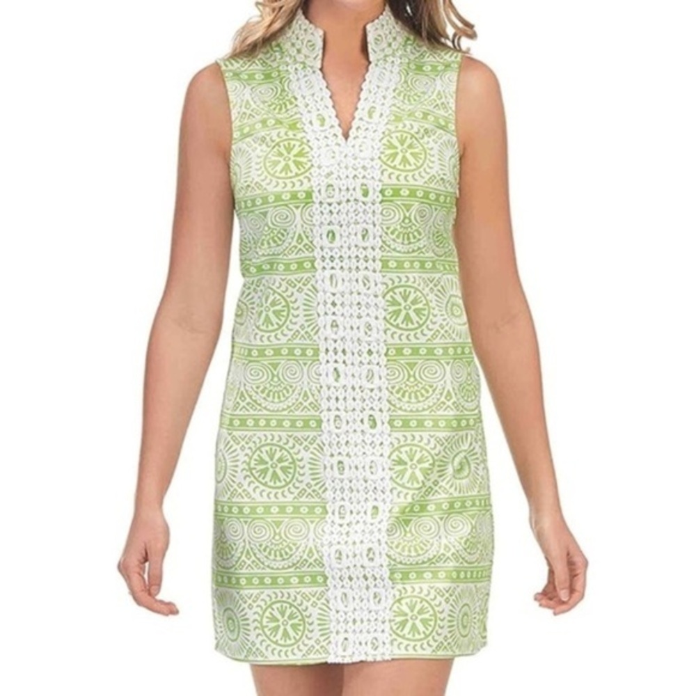 Mud Pie Sleeveless Shift Dress Lime Green & White Crochet Mod Style M